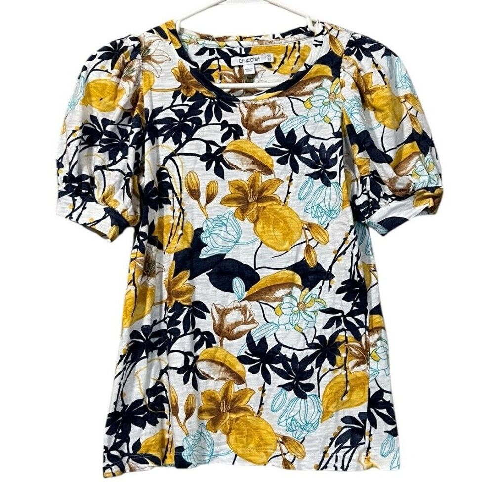 Chicos Blouse Women's Size 00 Puff Sleeve Round Neck Floral Cottagecore Colorful